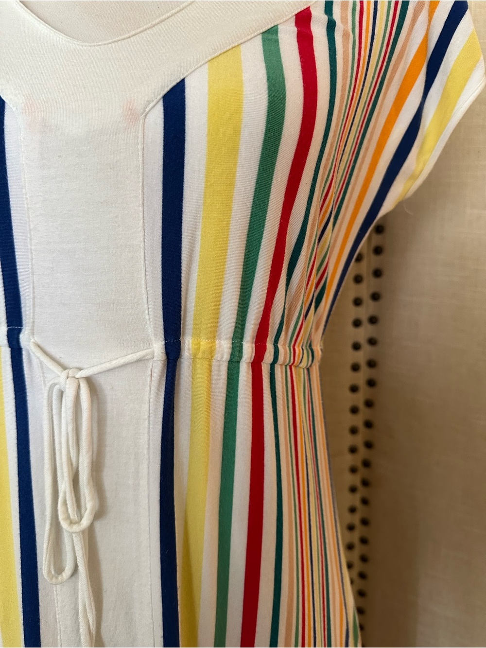 Sweetees Cream Midi Dress with Multicolor Vertical Stripes